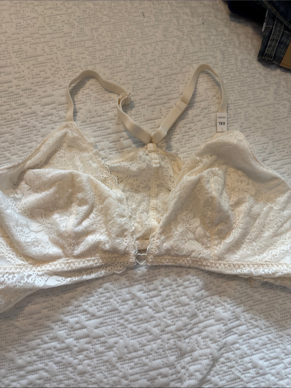 PINK Victoria's Secret Cream Lace Bralette with Heart Detail XXL